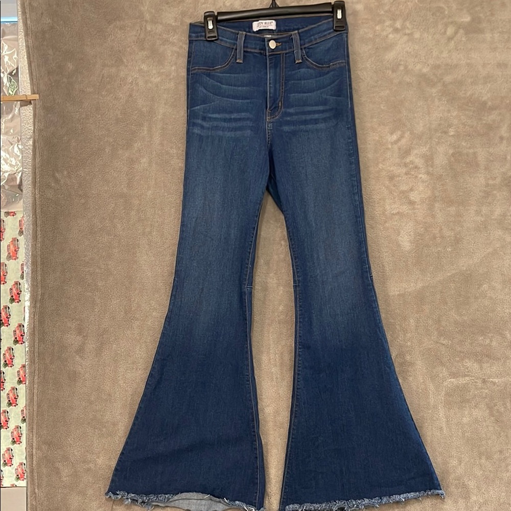 Judy Blue EXTRA Flare Wide Leg RAW HEM Jeans Women sz 9 WHISKERED DETAIL HIPPIE